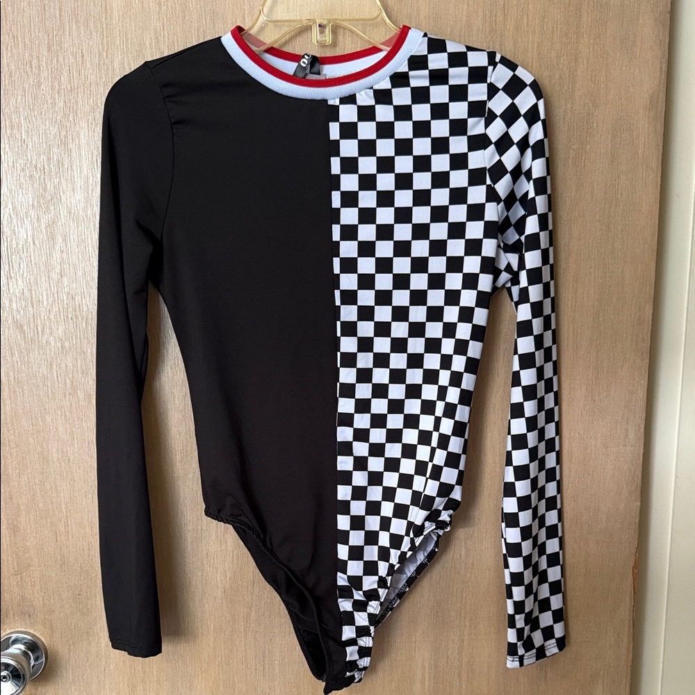 Black and White Checkered Bodysuit with Red Trim